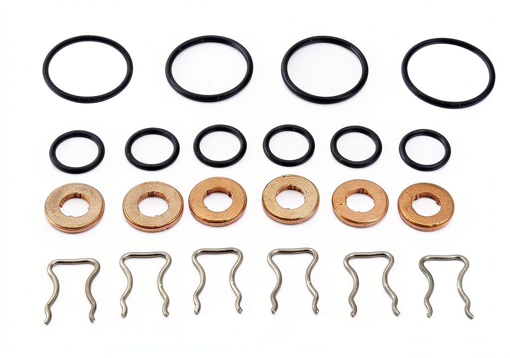 Dorman fuel injector O-ring kit components laid out on a workbench